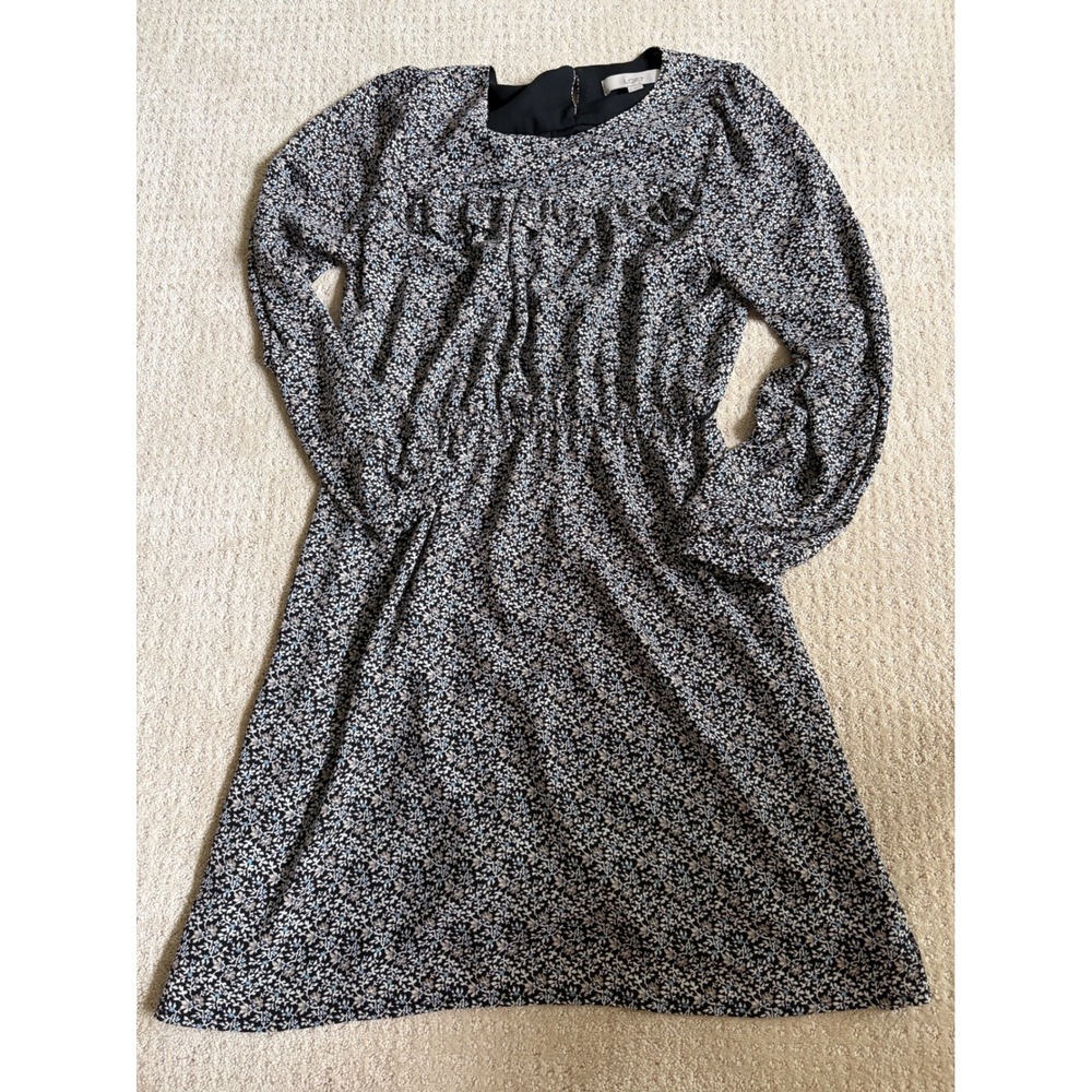 LOFT Floral Long Sleeve Ruffle Mini Dress Black Blue White Size 8 Elastic Waist